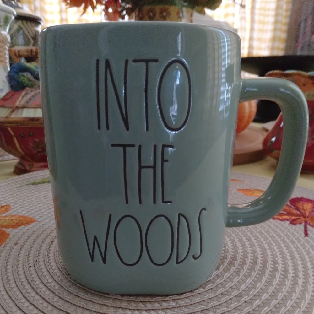 NWOT Rae Dunn 20 oz. Mug INTO THE WOODS Sage Green with Black Script Writing